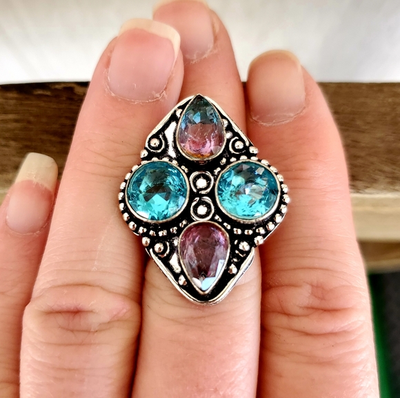 New Blue Topaz & Bi-Color Tourmaline 925 Silver Ring. - Picture 4 of 8